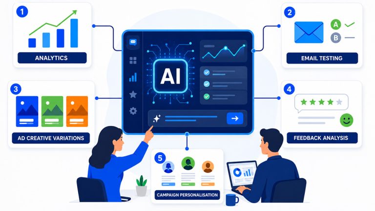 Marketers using an AI dashboard connected to analytics, email testing, ad variations, customer feedback and campaign personalisation.