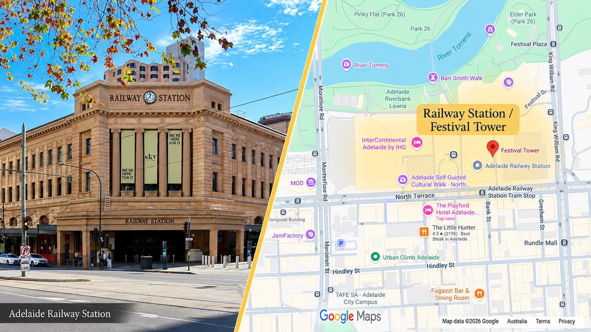 Adelaide Railway Station beside a map highlighting the Festival Tower area.