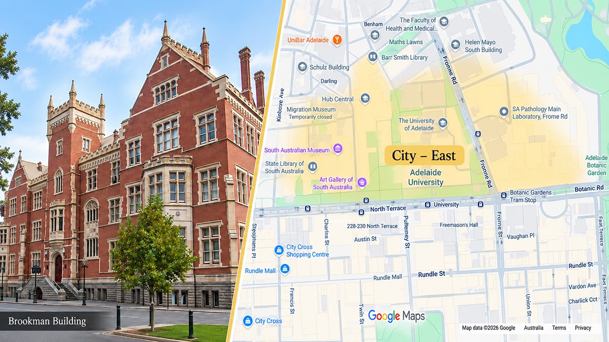 Brookman Building beside a map highlighting Adelaide University’s City East area along North Terrace.
