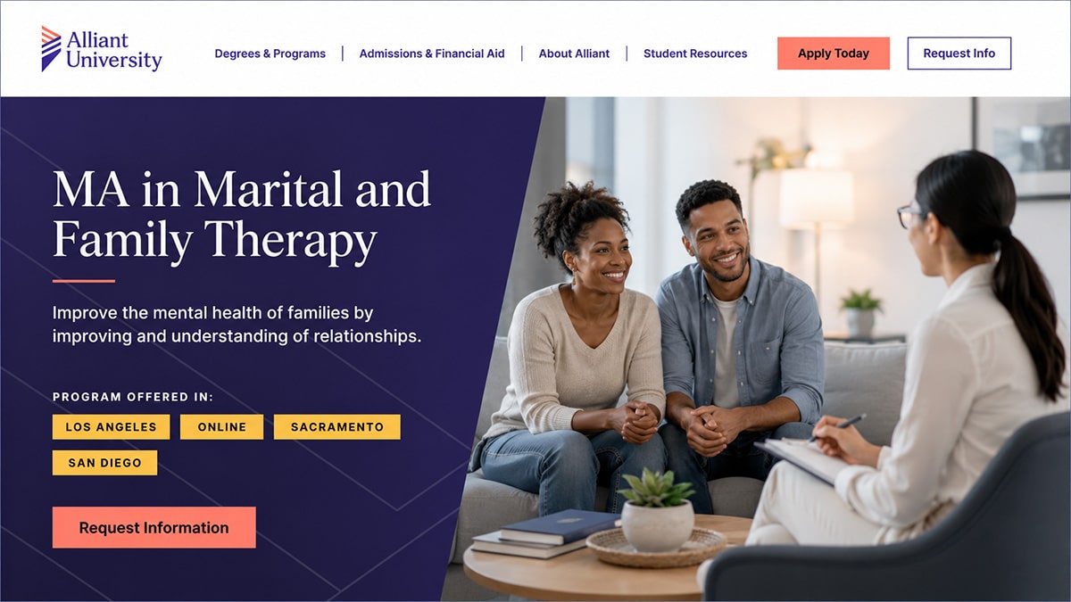 Stylised Alliant University marital and family therapy program page showing a therapist meeting with a couple.