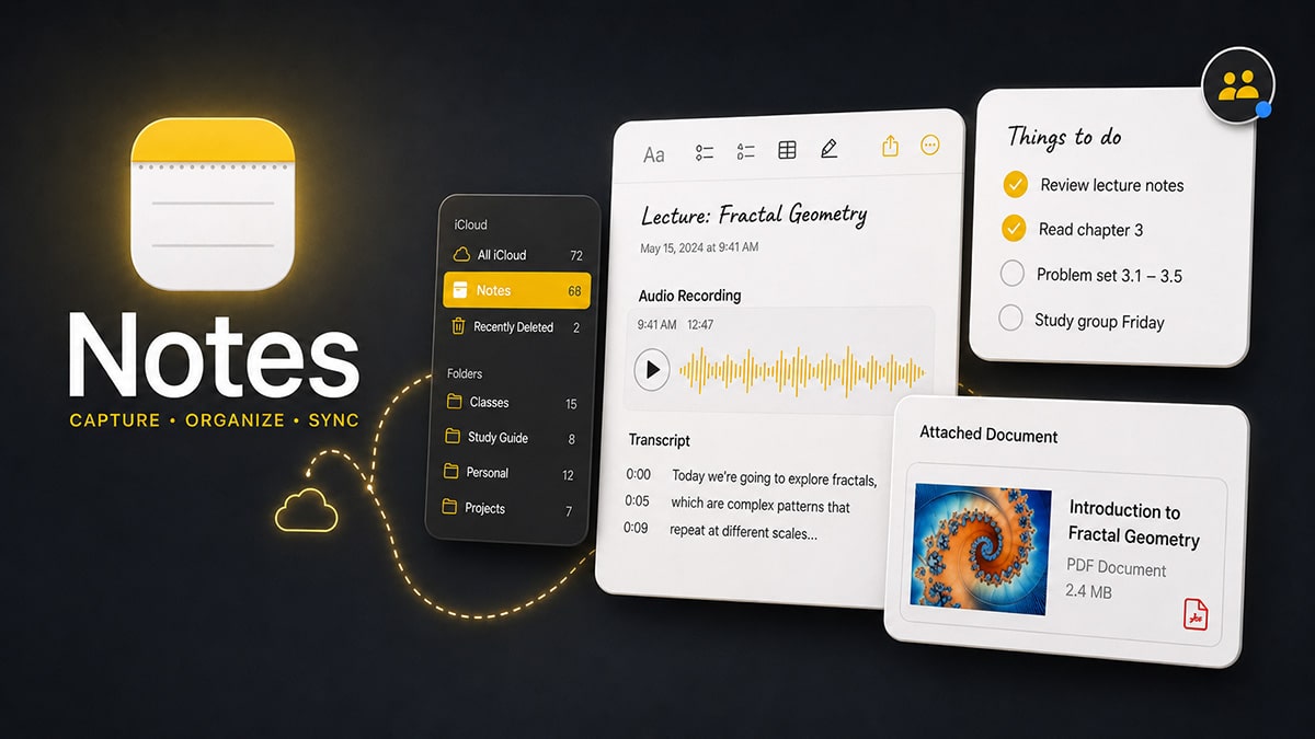 Apple Notes interface showing lecture notes, audio transcription, checklists, document attachments and iCloud organization