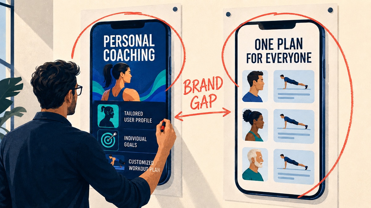 Brand manager compares a fitness app promising personal coaching with onboarding that gives every user the same workout plan.
