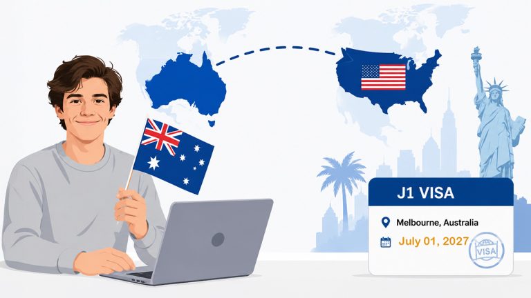 Vector-style illustration of an Australian exchange student preparing for a J1 visa trip to the United States, showing an Australia-to-America travel path, laptop, and visa card details.
