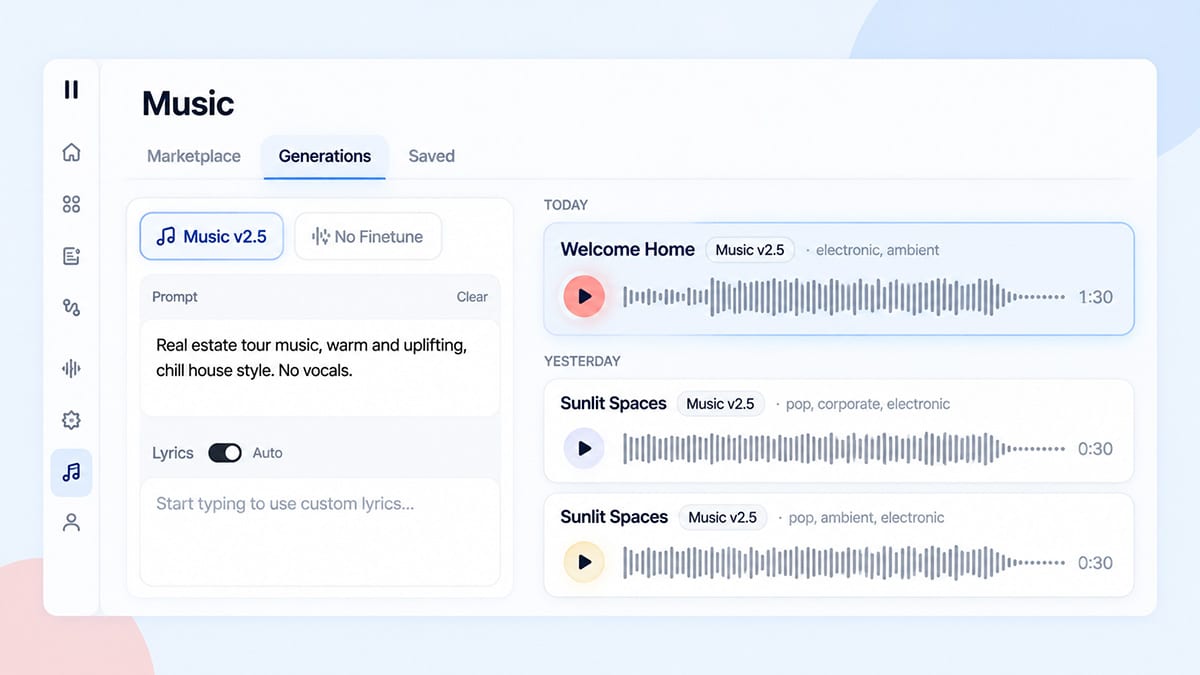 Stylised ElevenLabs Music interface showing a property tour prompt and the 90-second Welcome Home track.