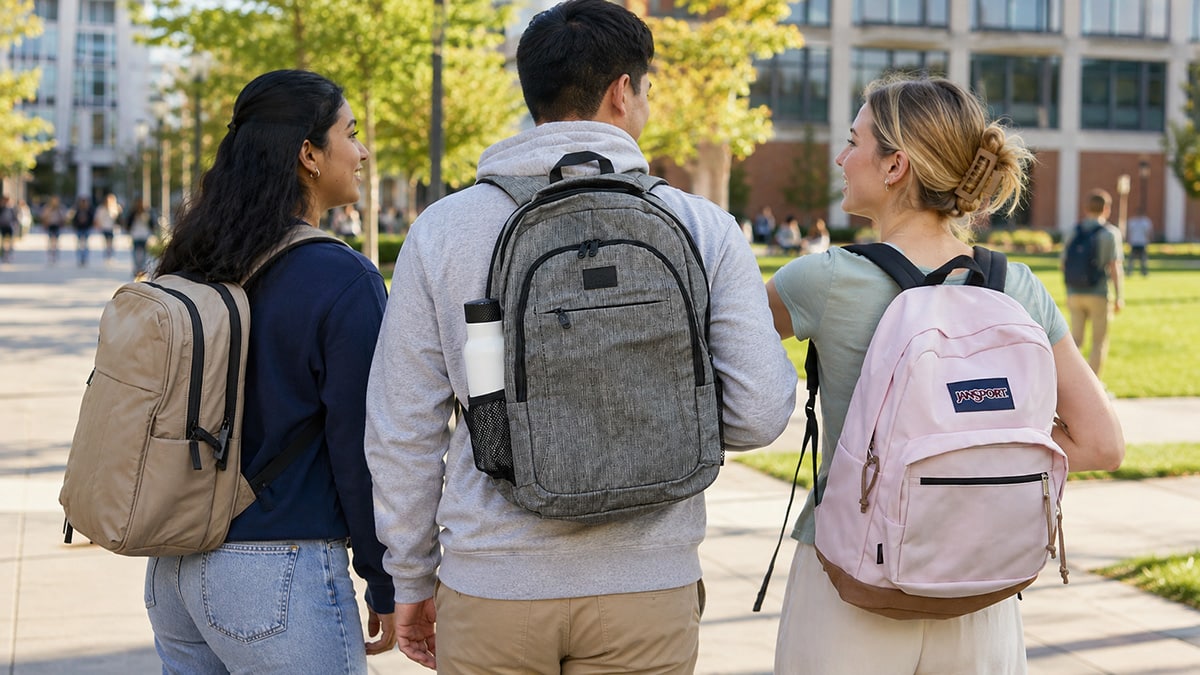 Three college students display tan, gray and pink backpack options while walking across a sunny campus.