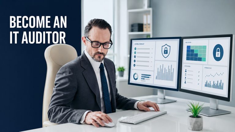 IT auditor reviewing compliance checklists, risk data and security controls on two large monitors.