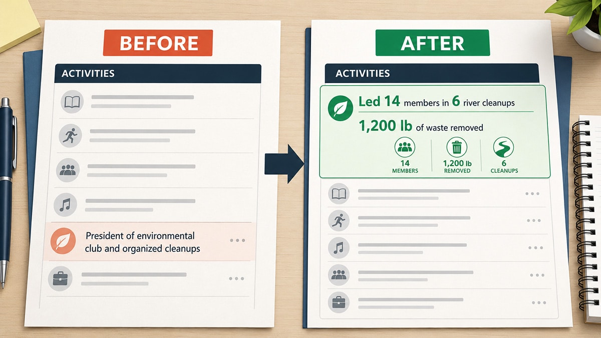 Before-and-after college application showing a vague environmental club entry replaced by quantified leadership and cleanup results.