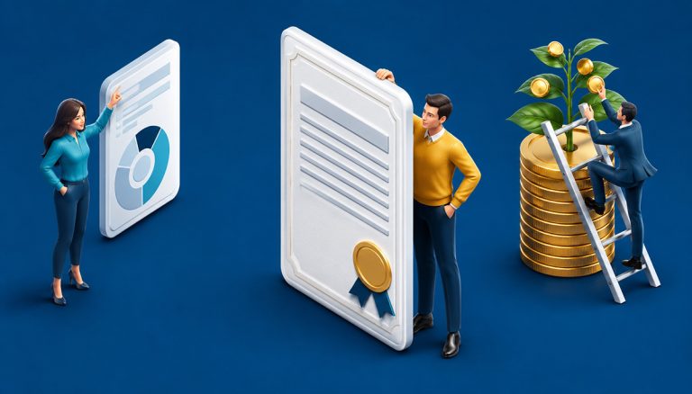 Why study business illustration showing data analysis, a degree qualification and career growth.