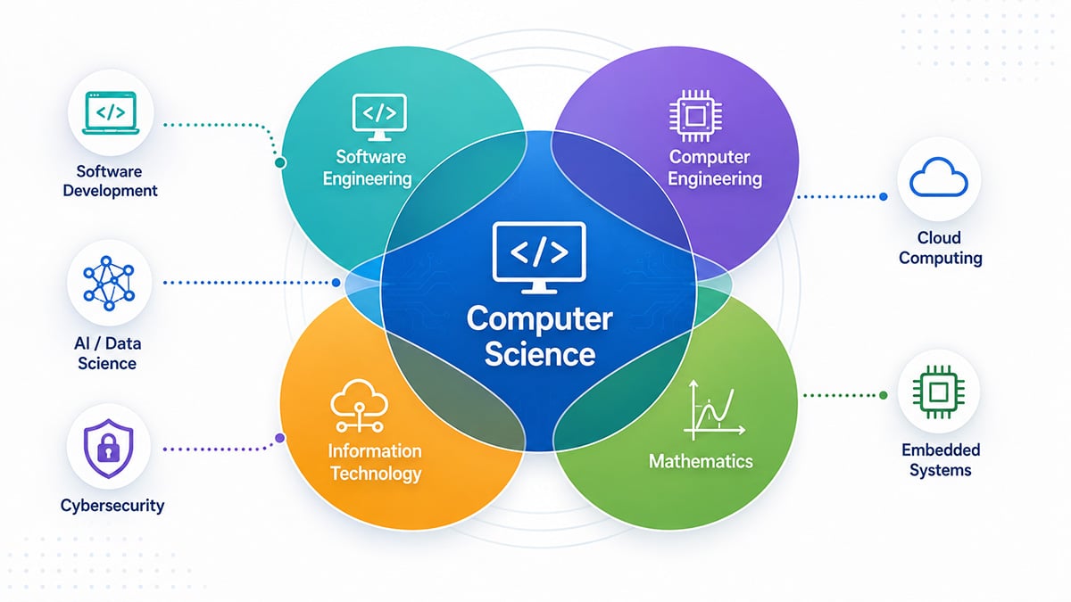 Venn diagram comparing computer science, software engineering, computer engineering, information technology and mathematics with software career fields.