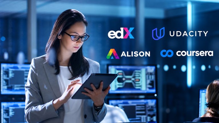 Woman using a tablet in a computer lab beside edX, Udacity, ALISON and Coursera logos.