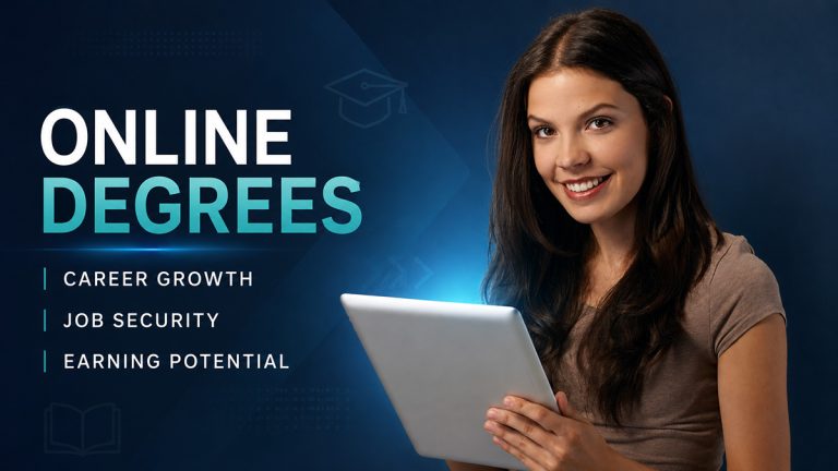 Woman holding a tablet beside benefits of online degrees