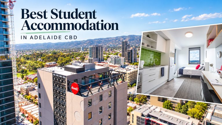 Dwell East End Adelaide building with a furnished student room inset and Adelaide city in the background.