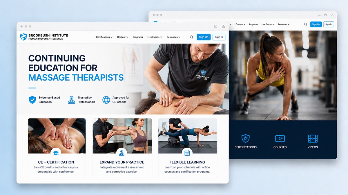 Stylised Brookbush Institute website showing continuing education for massage therapists, manual therapy, movement assessment, and flexible learning.