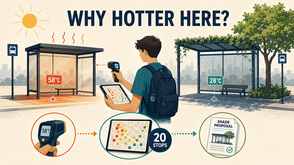 Student measuring temperatures at shaded and unshaded bus stops, mapping 20 readings and preparing a shade proposal.