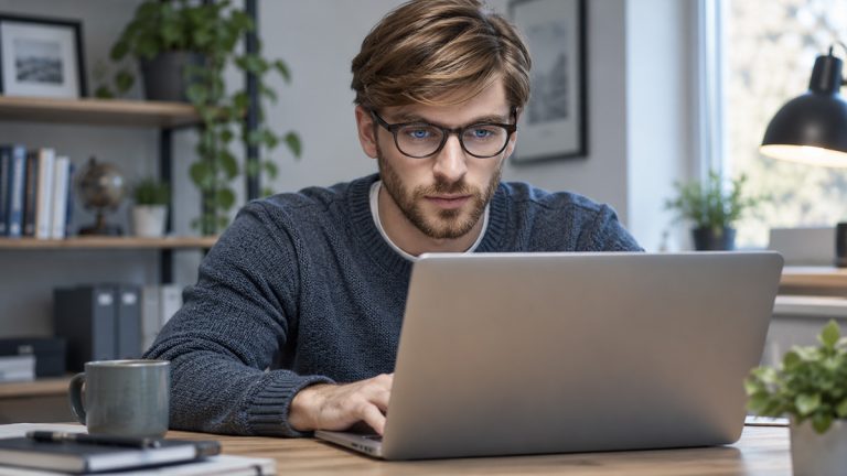 Business administration graduate researching salary information on a laptop