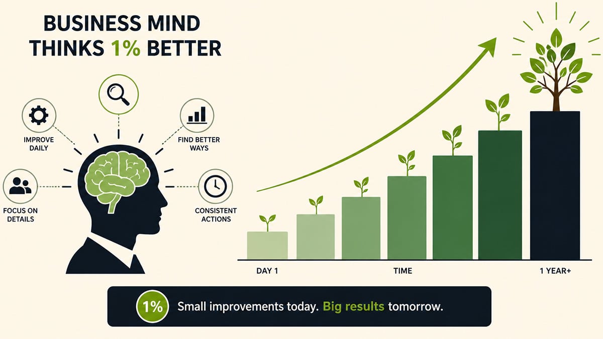 Vector illustration of a business mind applying the 1% rule through small daily improvements that compound into major long-term growth.
