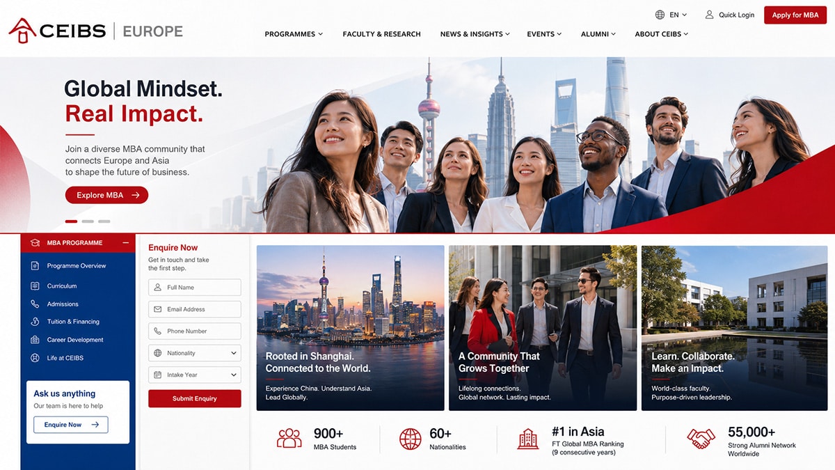 Stylised CEIBS MBA page showing international students, the Shanghai skyline, campus life and program information.