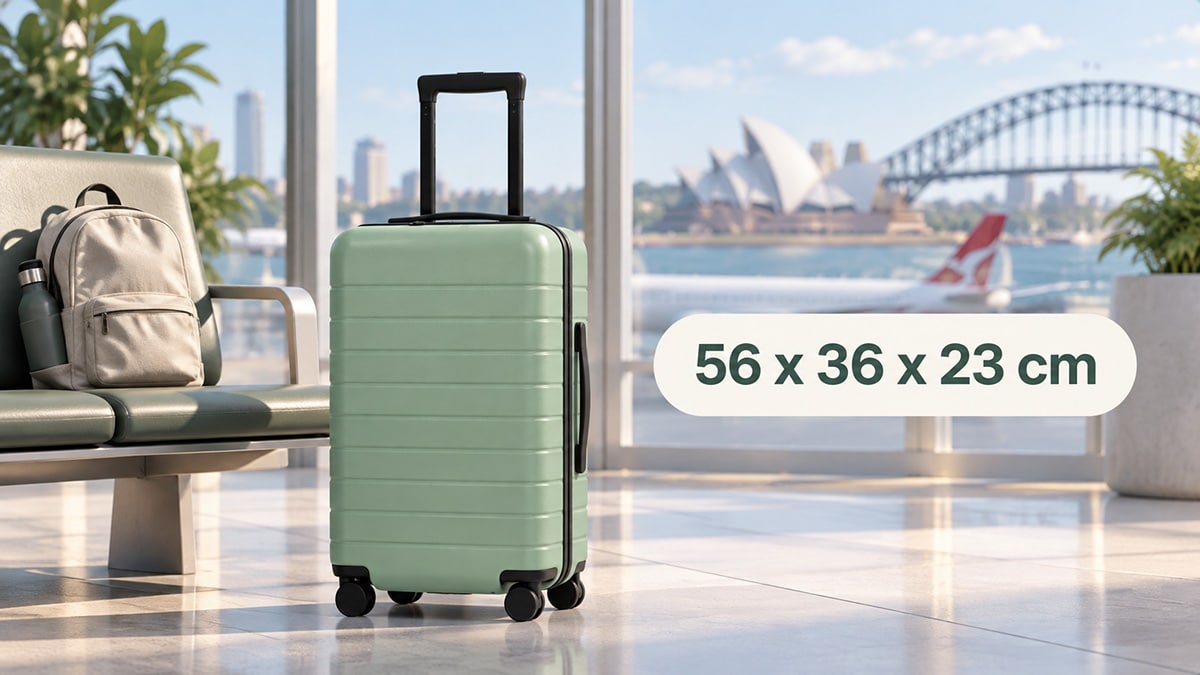 Cabin-size green travel case in an airport with 56 x 36 x 23 cm shown beside it.