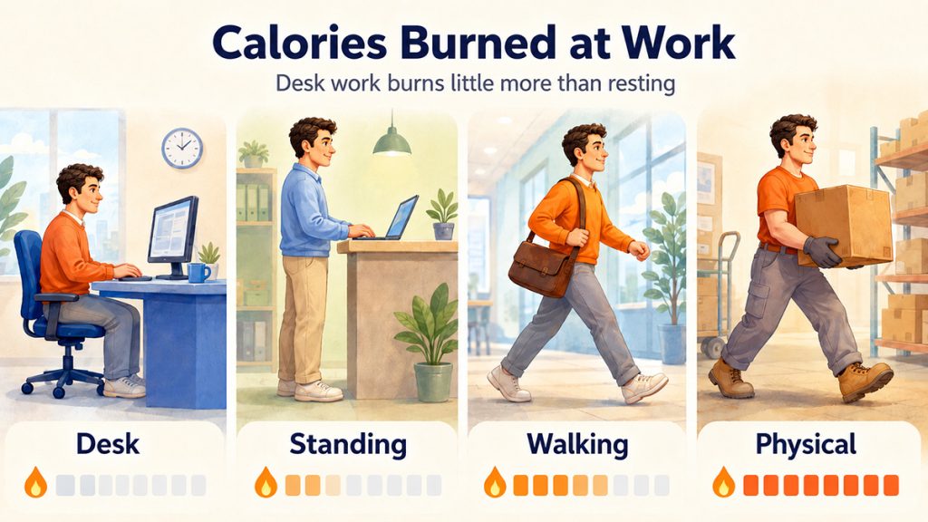 Infographic showing desk work, standing, walking and physical work with increasing calorie burn across the workday.