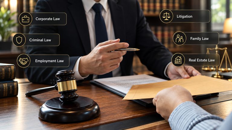 Lawyer meeting with a client beside a gavel and icons for major areas of legal practice