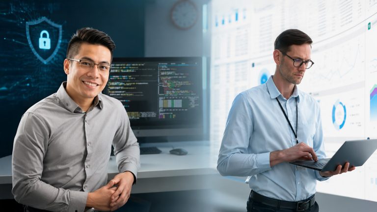 Composite image showing a cyber security professional beside code and a shield icon, contrasted with a data analyst working in front of charts and dashboards.