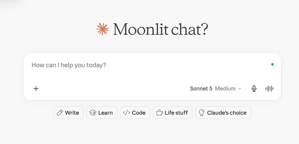 Claude homepage showing the writing and learning prompt options