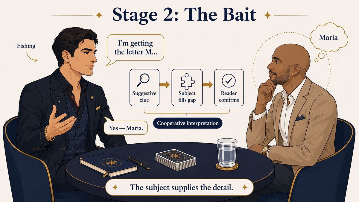 Male mentalist gives a vague letter M clue to a bald man, who connects it to Maria, illustrating fishing and cooperative interpretation.