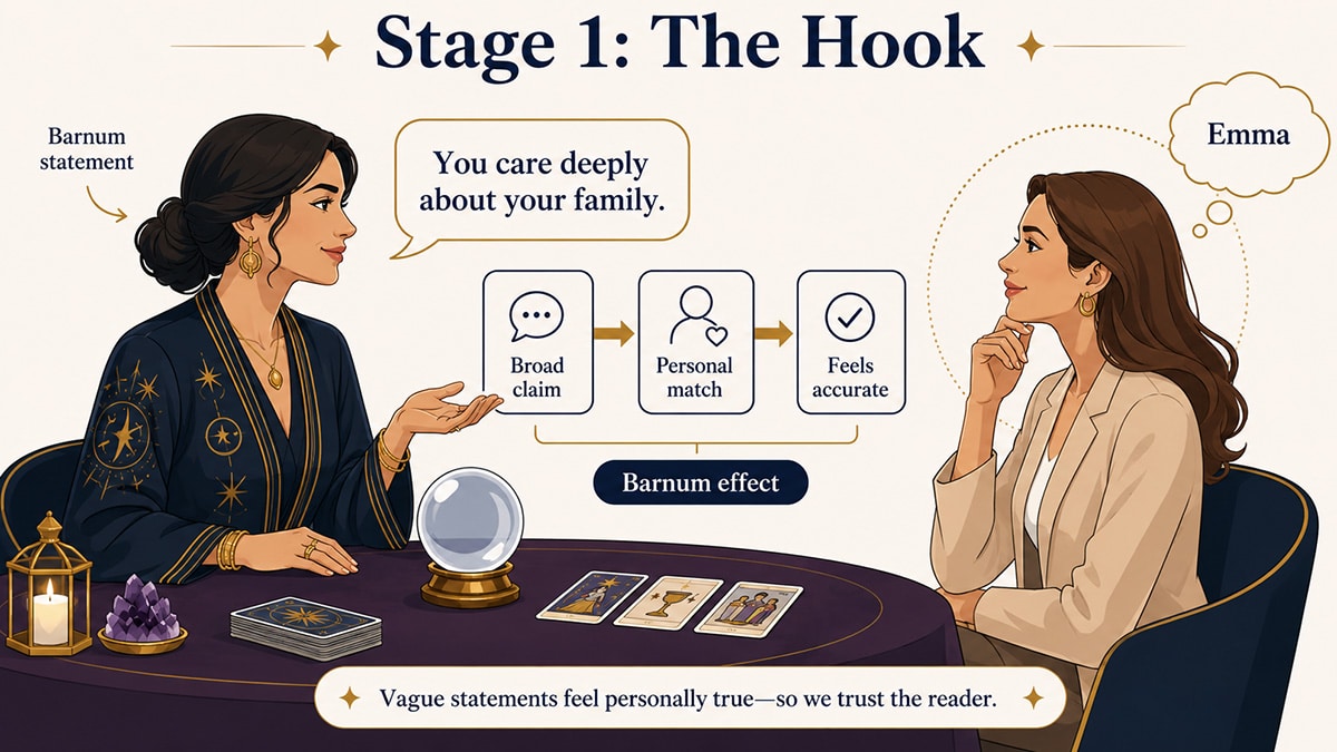 Sophisticated psychic gives a broad family statement to a client, who connects it to Emma, illustrating how the Barnum effect makes vague claims feel personal.