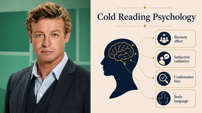 Suited man beside a psychology diagram showing the Barnum effect, subjective validation, confirmation bias and body language in cold reading.