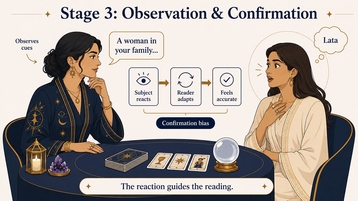 Fortune teller watches Priya react to a vague family clue, then adapts the reading, showing how confirmation bias guides cold reading psychology.