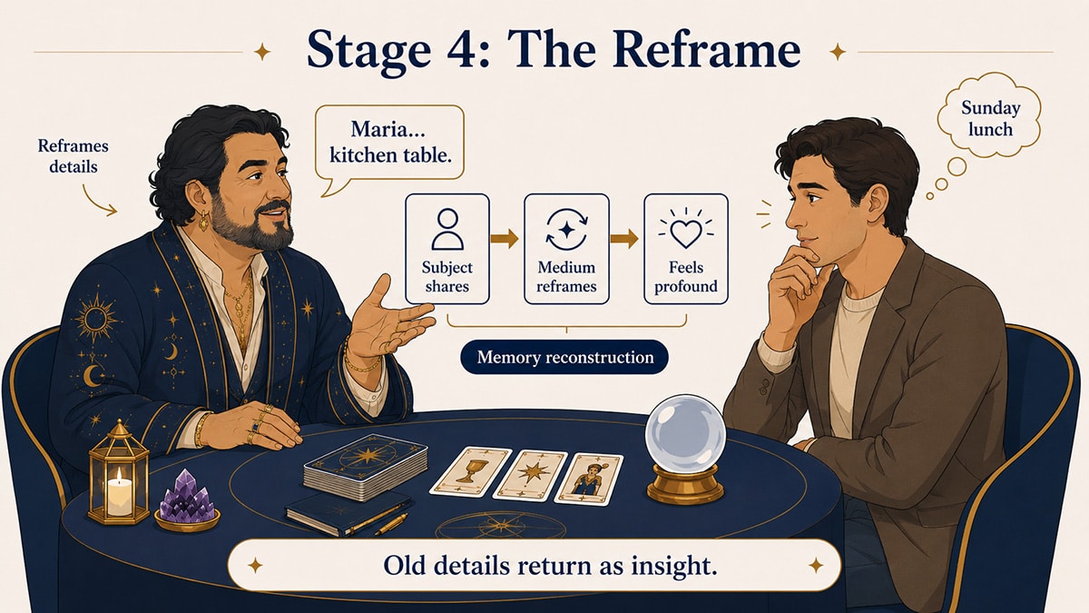 Portly male medium turns Daniel’s own details about Maria and Sunday lunch into a profound message, illustrating the reframe stage and memory reconstruction.