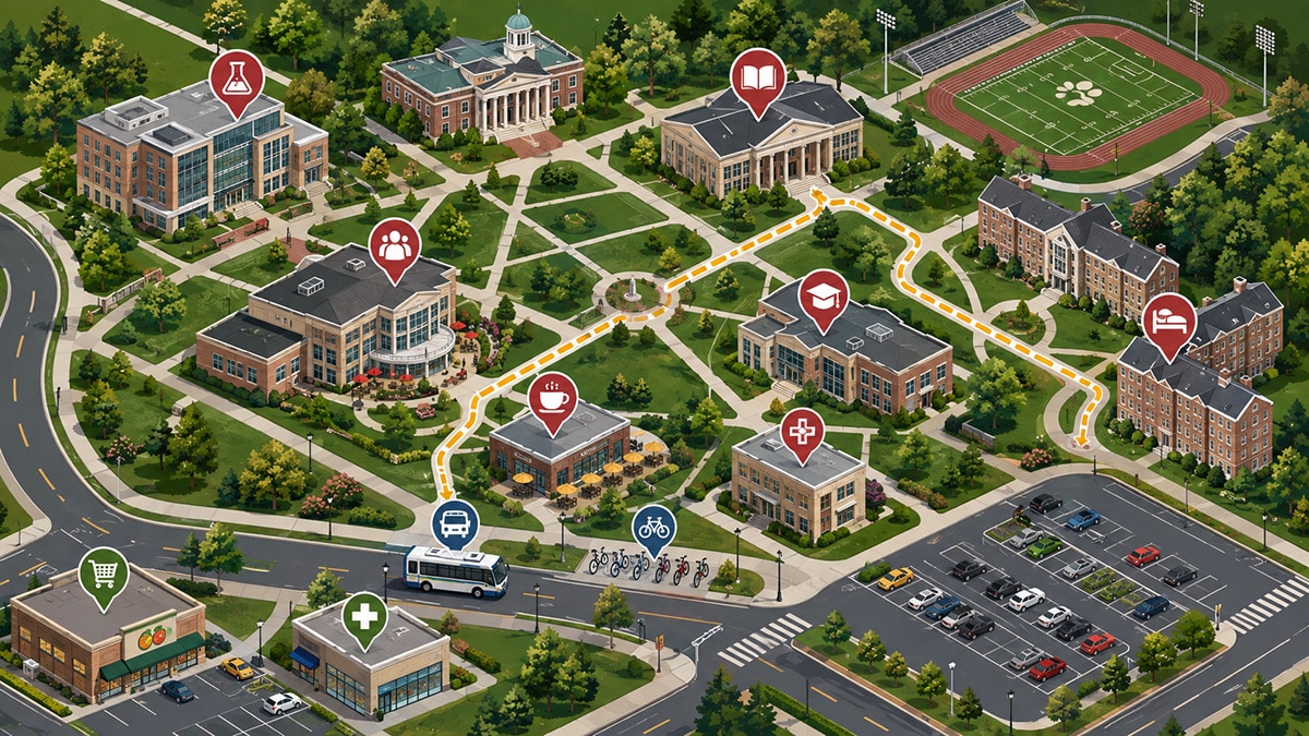 Illustrated college campus map showing dorms, academic buildings, dining, health services, shops and transport routes.