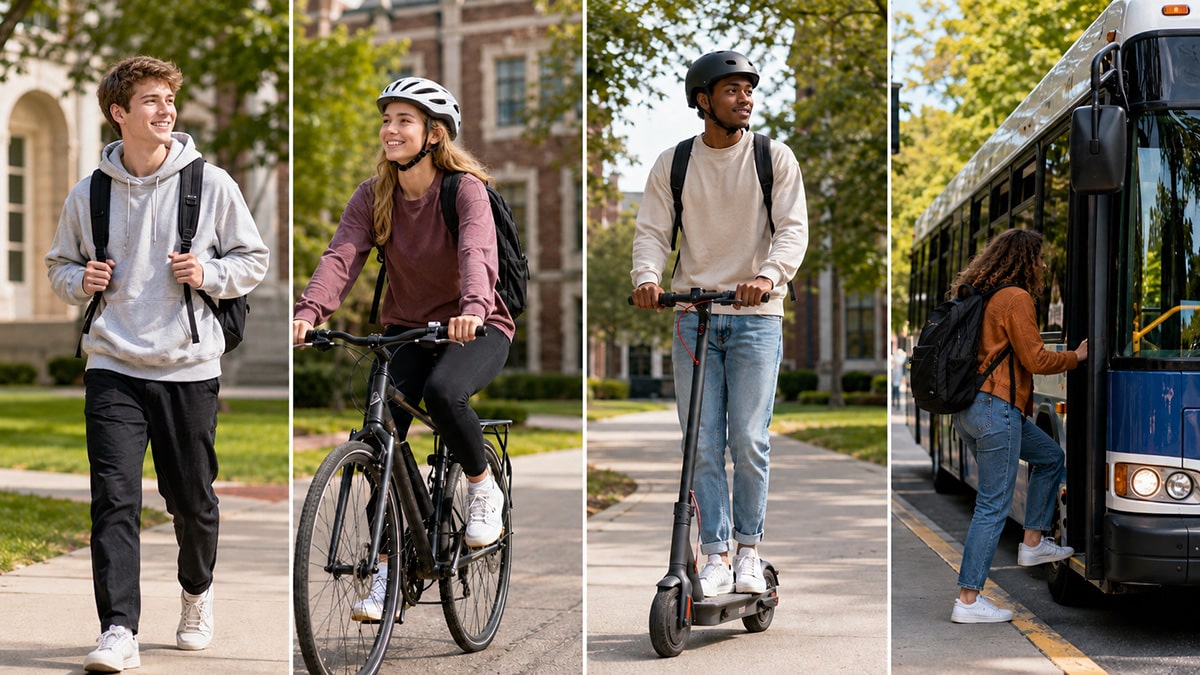 College students walk, cycle, ride an electric scooter and board a campus shuttle as transport options.