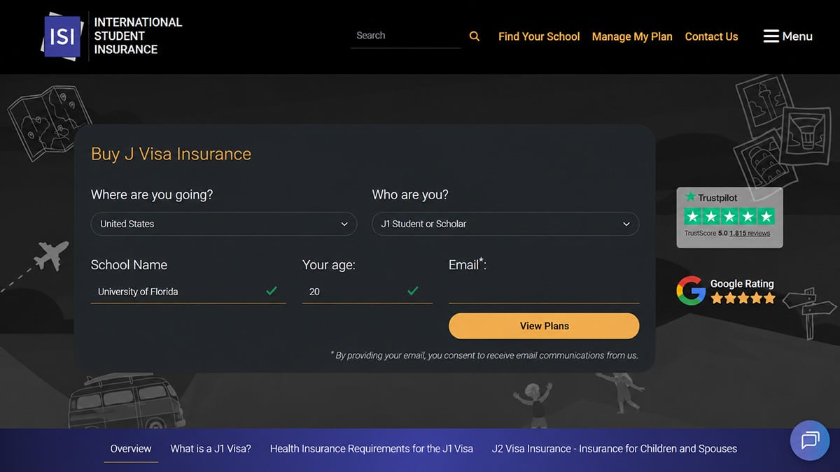 Screenshot of the International Student Insurance website showing a J1 visa health insurance quote form for a 20-year-old exchange student travelling to the United States.