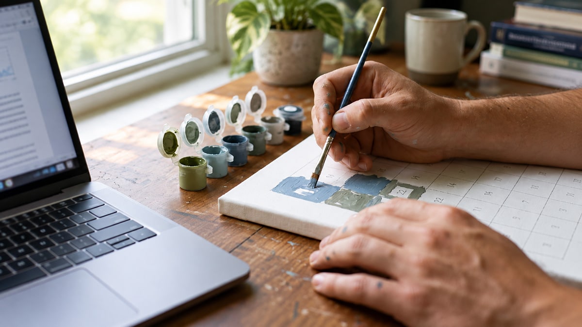 Hands painting a numbered canvas beside a laptop during a creative study break.