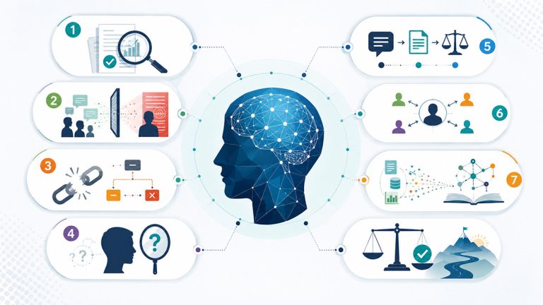 vector illustration showing eight critical thinking skills around a central human profile and connected brain.
