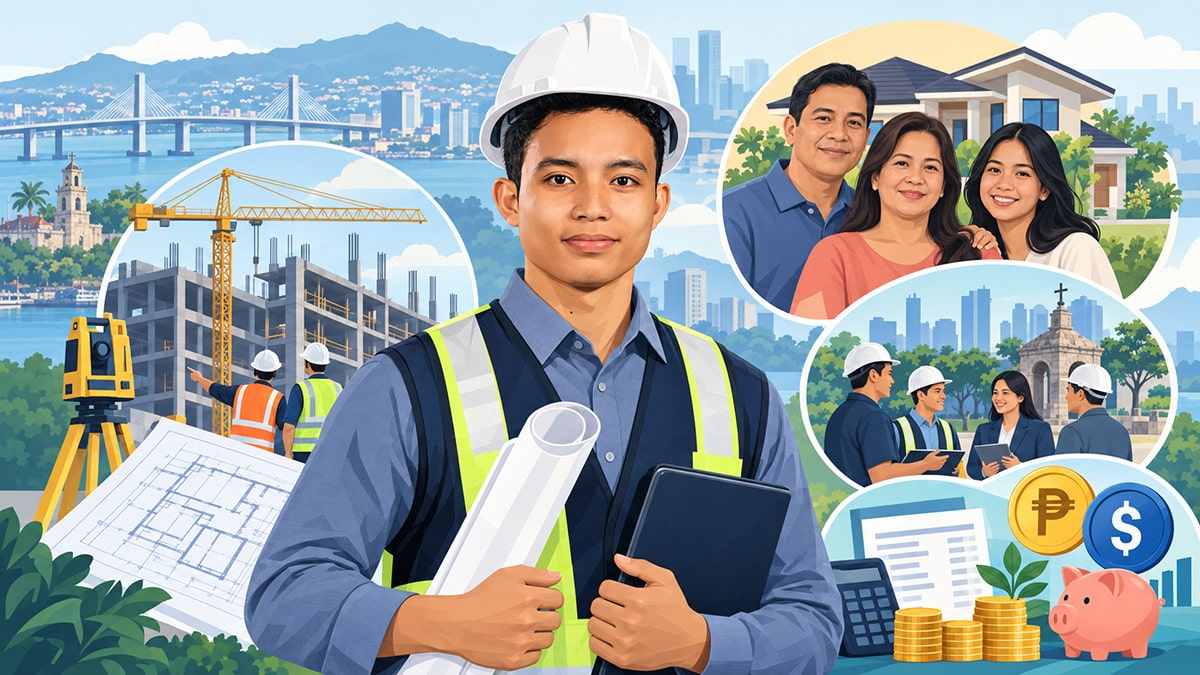Filipino project engineer with scenes representing employment, family, community ties and finances in Cebu City