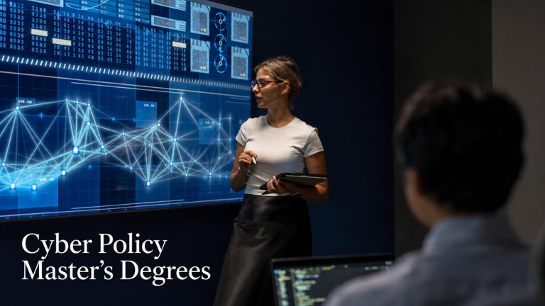 Woman presenting beside a digital network display, captioned Cyber Policy Master’s Degrees.
