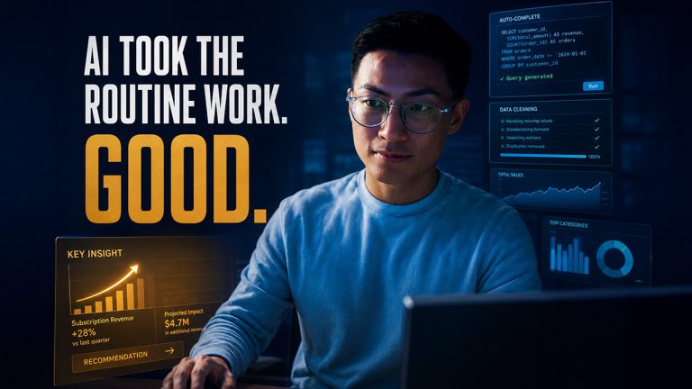 Data analyst using AI to automate routine work and identify business insights.