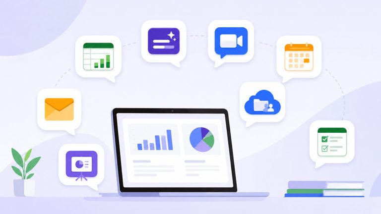 Vector illustration of a laptop surrounded by icons for spreadsheets, AI writing, video calls, email, calendar, cloud collaboration, presentations, and forms.