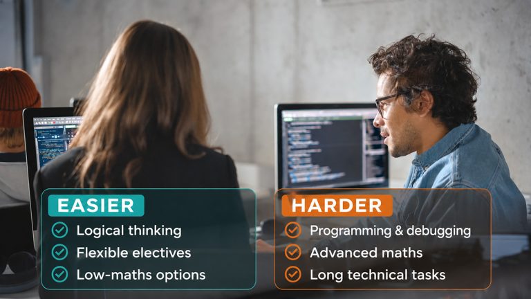 Information technology students with easier and harder study factors, including logical thinking, programming and advanced maths