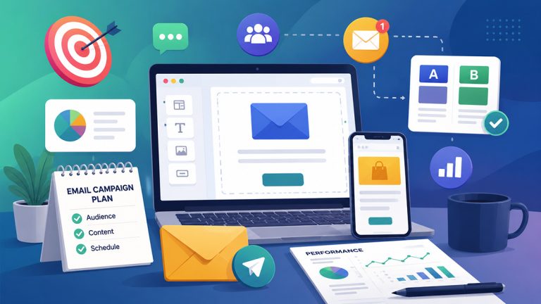 Email marketing workspace showing campaign planning, responsive email design, A/B testing, audience targeting and performance analysis.