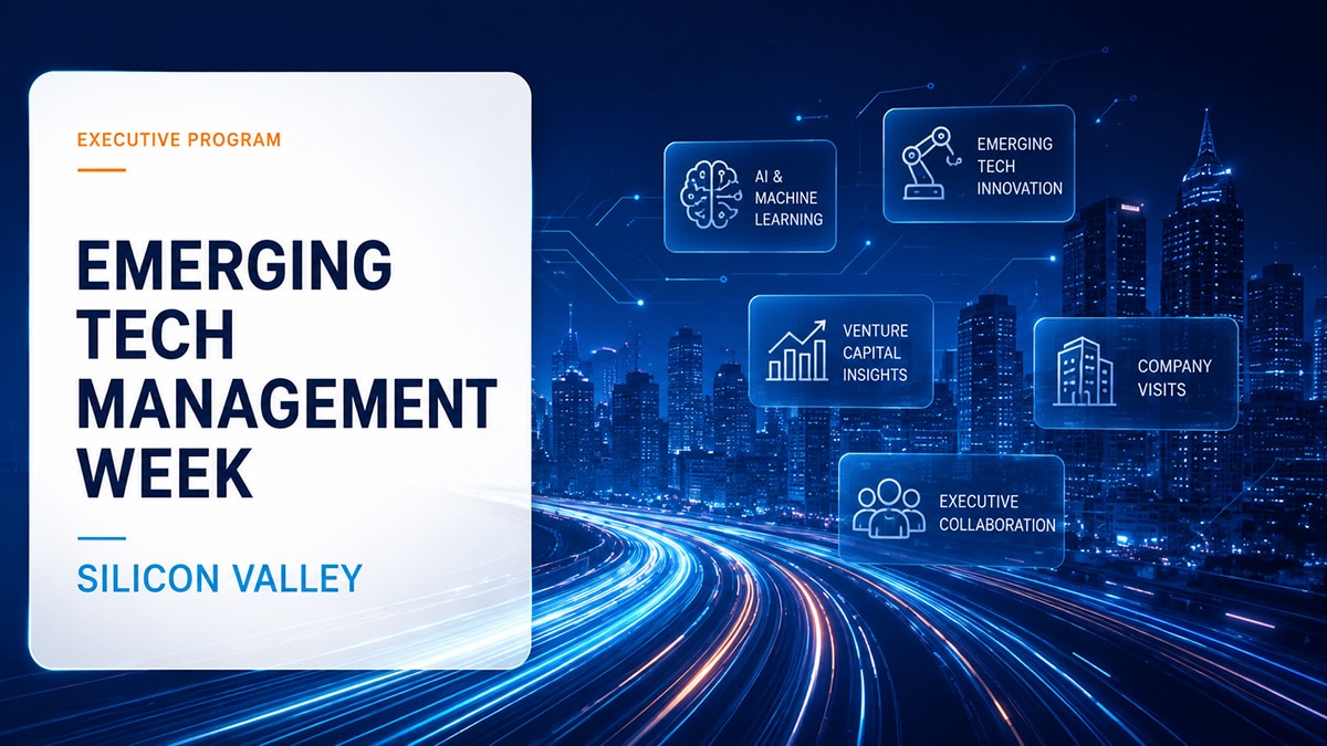 Stylized Emerging Tech Management Week landing page featuring a Silicon Valley skyline, AI, venture capital, company visits and executive collaboration.