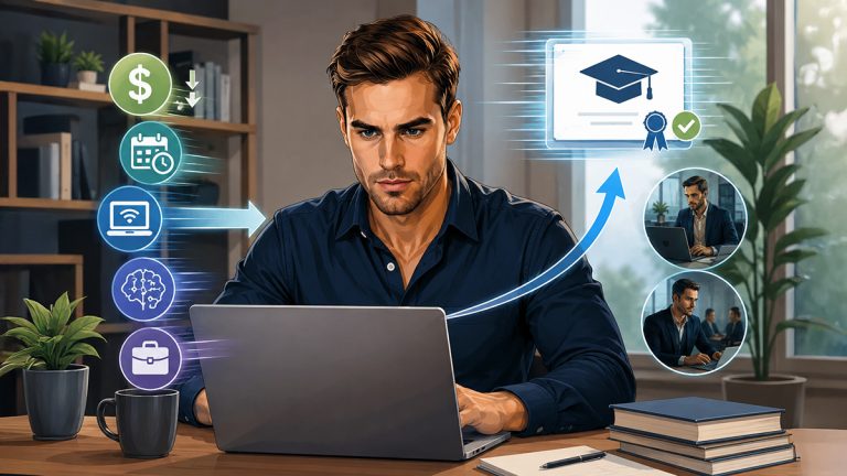 Vector-style illustration of a young professional completing an online AI graduate certificate while working remotely and building business technology skills.