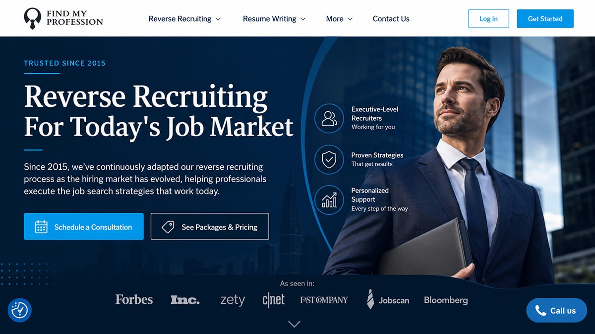 Stylised Find My Profession homepage featuring reverse recruiting, executive-level recruiters, resume writing, consultation booking, and job search support.