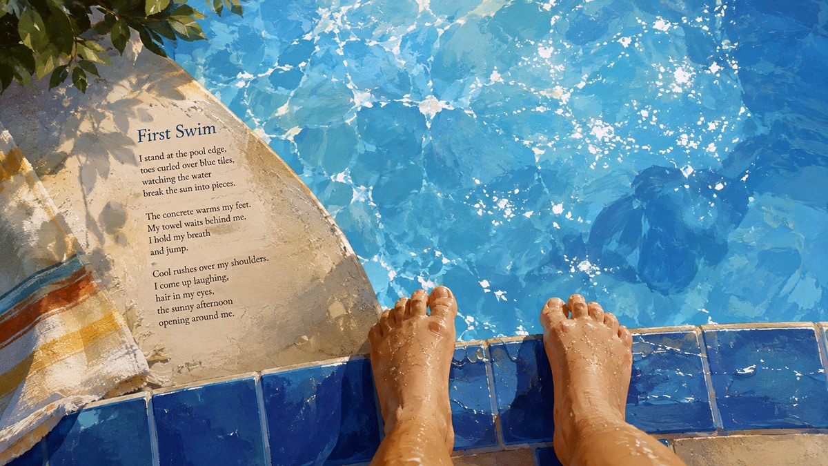 Artistic poolside scene for the poem First Swim, showing blue tiles, bright water and the poem text beside the pool.