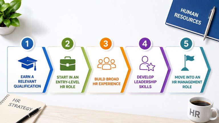 Infographic showing five steps to become an HR manager, from gaining a qualification to moving into an HR management role.