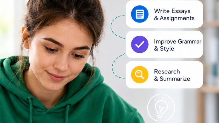 Student using a laptop and notes with AI writing tool prompts beside her