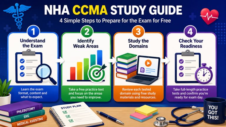 Four-step NHA CCMA study guide covering the exam, weak areas, tested domains and practice tests.