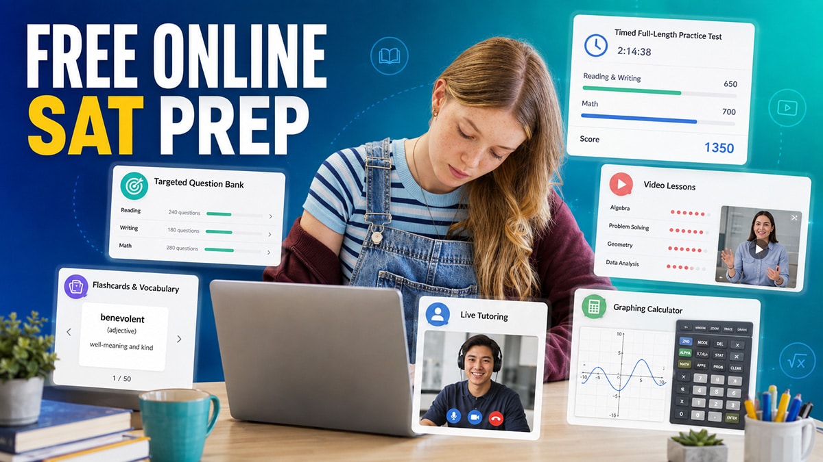 Student using free online SAT prep tools, including practice tests, lessons, tutoring, flashcards and a graphing calculator